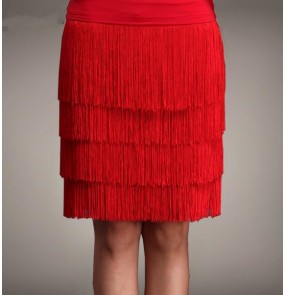 Red black fringes layers women's ladies female competition performance professional latin salsa cha cha dance skirts